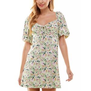 BEBOP Green Floral Jr Sz XL Casual Wear Puff Sleeve Stretchy Keyhole Mini Dress